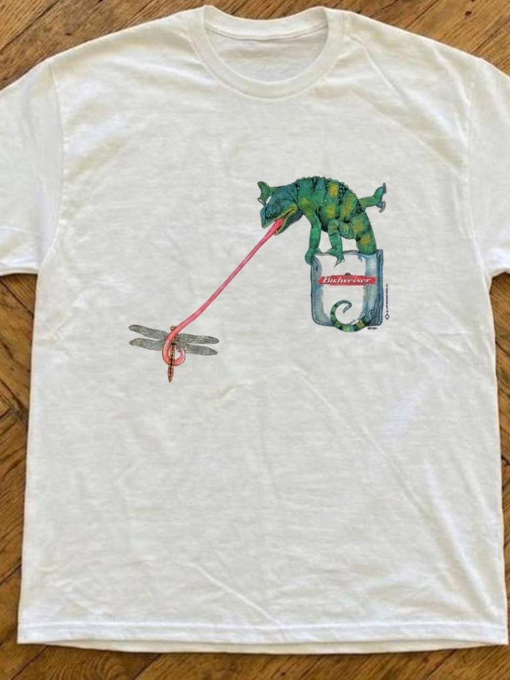 Gildan White Tee with Green & Pink Chameleon Graphic